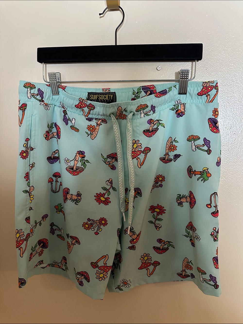 Surf Society Men's Swim Trunks Size L Light Blue Mushroom Print Drawstring Lined